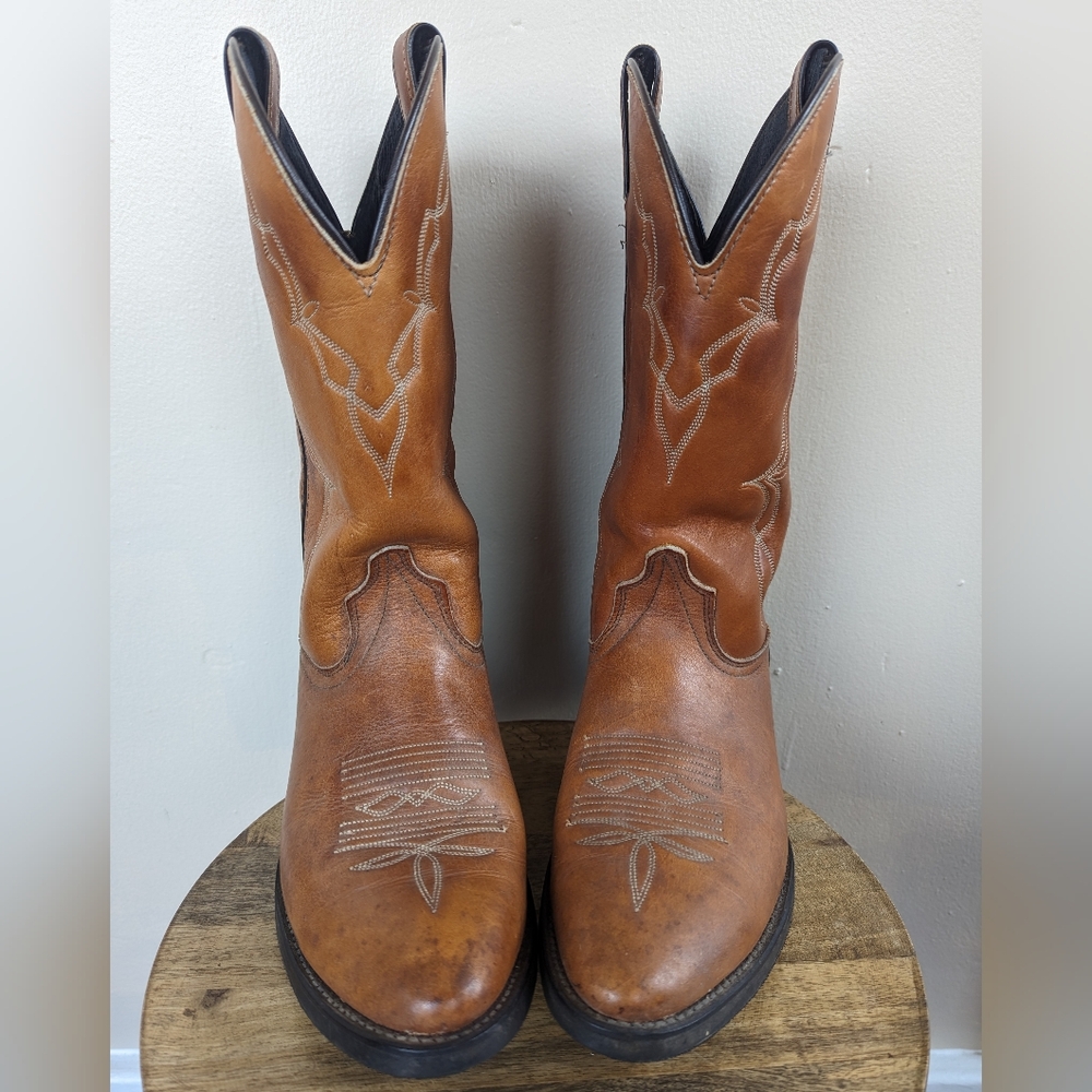 VINTAGE Avonite Hypalon Cowboy Boots, Honey/Cognac Brown (SIZE 9 EE/Extra Wide) - Picture 2 of 13